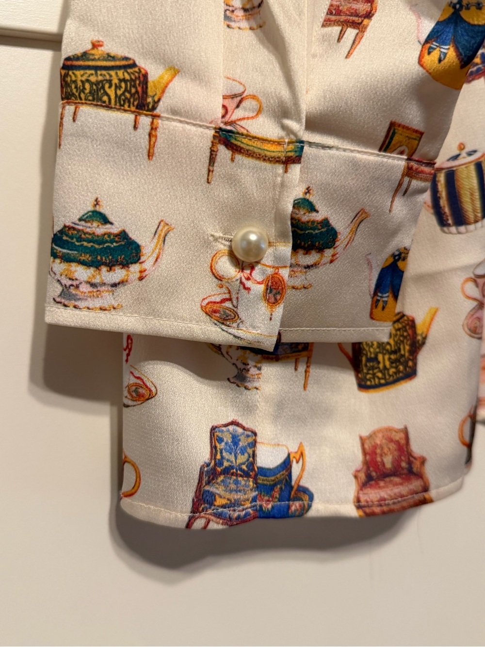 Talbots Cream Print Top with Multicolored Teacups and Chairs - Picture 4 of 5